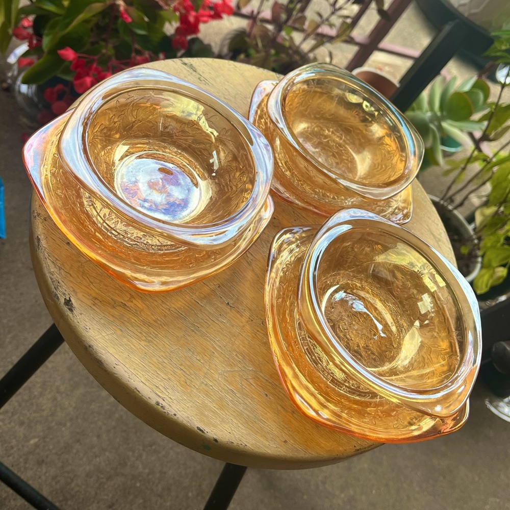 Vintage Jeanette Carnival Glass Lousia Floragold Square dish & plate set